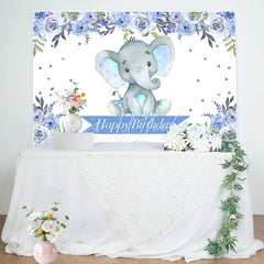 Lofaris Boho Light Blue Floral Elephant Birthday Backdrop