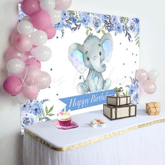 Lofaris Boho Light Blue Floral Elephant Birthday Backdrop