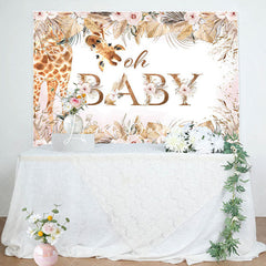 Lofaris Boho Pink Floral Leaves Giraffe Baby Shower Backdrop