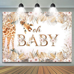 Lofaris Boho Pink Floral Leaves Giraffe Baby Shower Backdrop