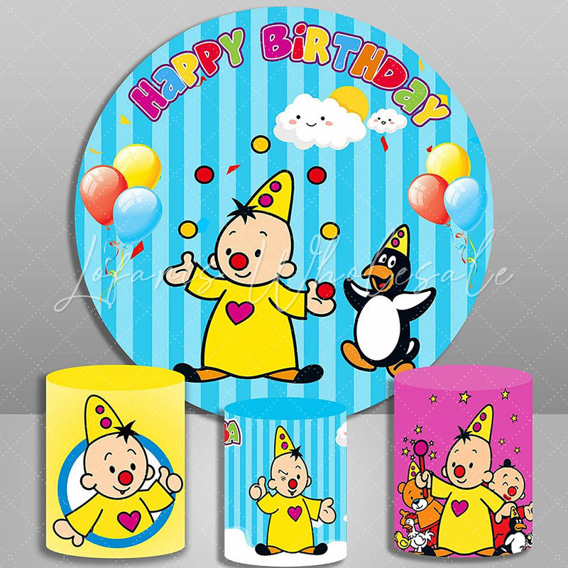 Lofaris Boy Penguin Balloon Blue Birthday Round Backdrop Kit