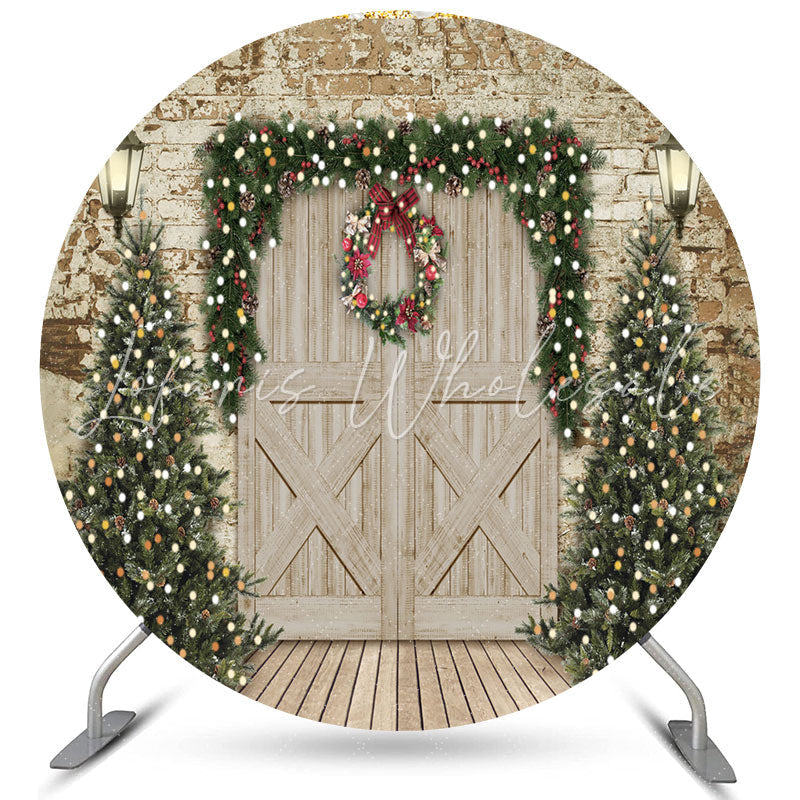 Lofaris Brick Door Wreath Lamp Round Merry Christmas Backdrop