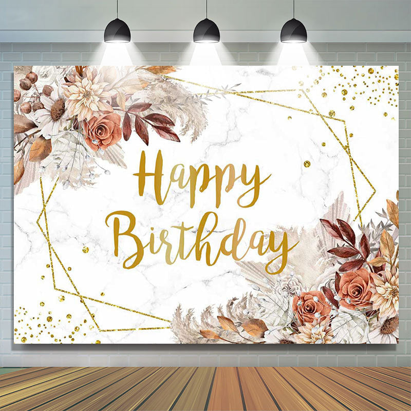 Lofaris Brown Floral Boho Marble Texture Birthday Backdrop