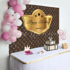 Lofaris Brown Golden Repeat Brand Logo Birthday Backdrop