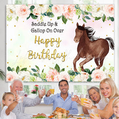 Lofaris Brown horse pink rose happy birthday backdrop for girl