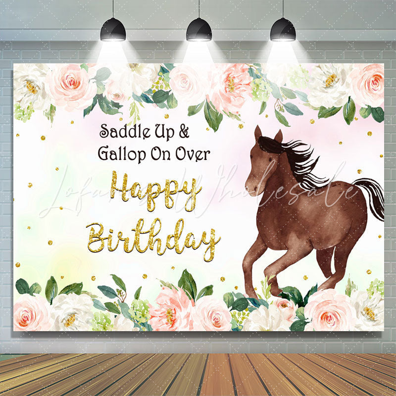 Lofaris Brown horse pink rose happy birthday backdrop for girl