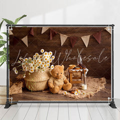 Lofaris Brown Teddy Bear Flowers Wood Birthday Backdrop