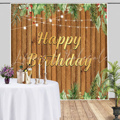 Lofaris Brown Wood Board Green Ink Leaves Birthday Backdrop