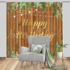 Lofaris Brown Wood Board Green Ink Leaves Birthday Backdrop