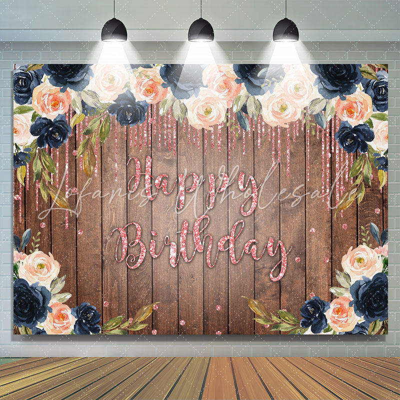 Lofaris Brown wood Flower Glitter Pink Happy Birthday Backdorp