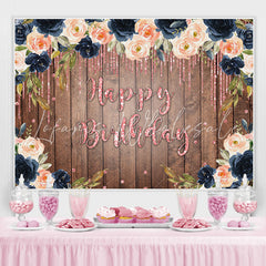 Lofaris Brown wood Flower Glitter Pink Happy Birthday Backdorp