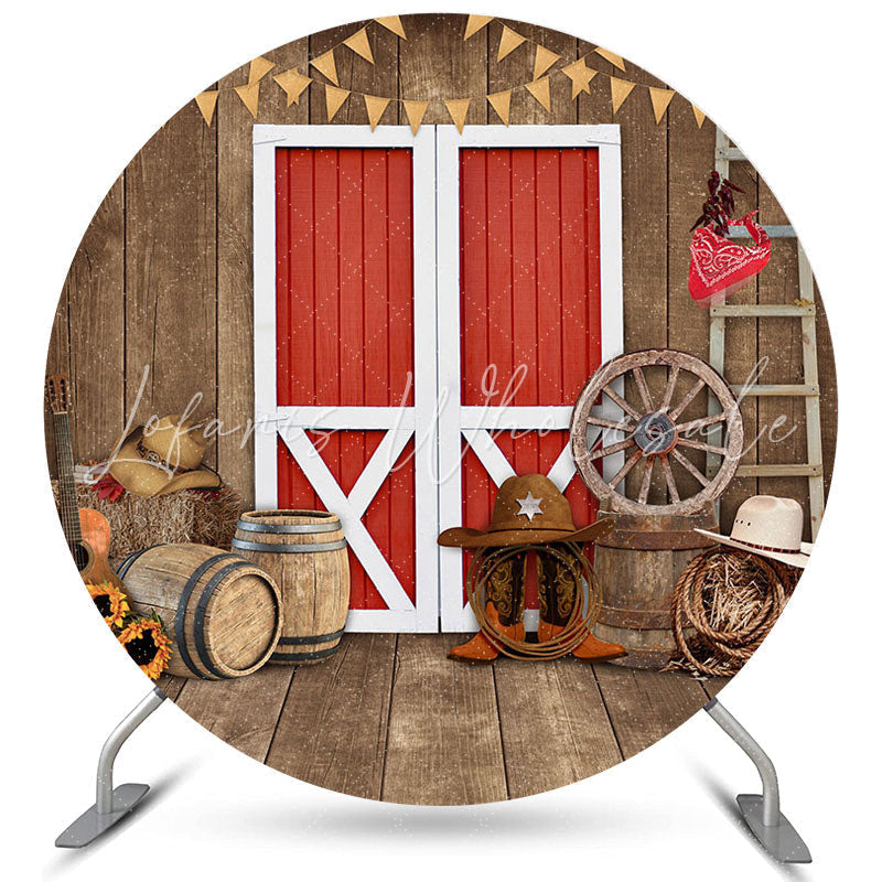 Lofaris Brown Wood Red Door Cool Cowboy Round Baby Shower Backdrop