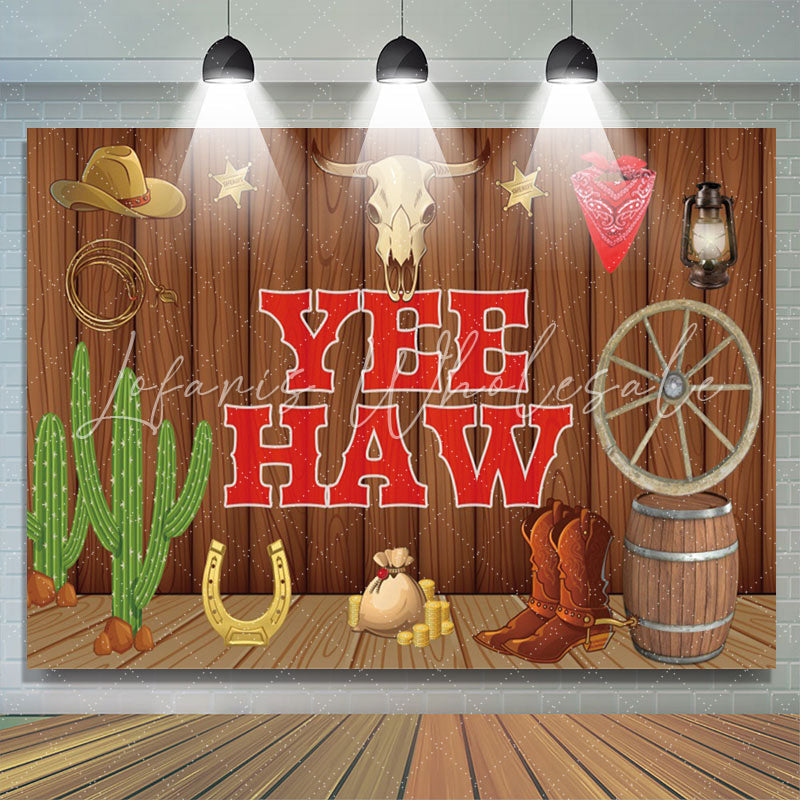 Lofaris Brown Wood Wall Cowboy Catcus Birthday Backdrop