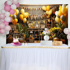 Lofaris Brown Wooden Balloons Farm Happy Birthday Backdrop