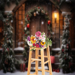 Lofaris Brown Wooden Door Plants Bells Christmas Backdrop