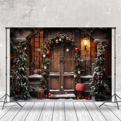 Lofaris Brown Wooden Door Plants Bells Christmas Backdrop