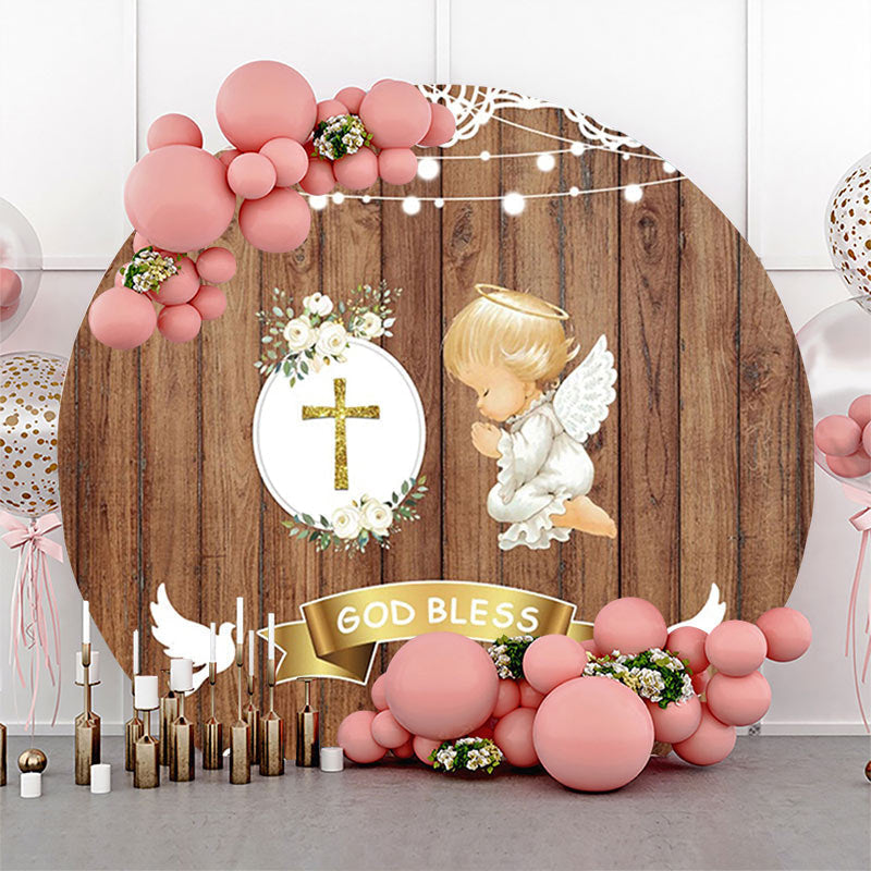 Lofaris Brown Wooden God Bless Angel Baby Baptism Backdrop