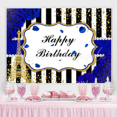 Lofaris Bule Roses Black and White Stripes Birthday Backdrop