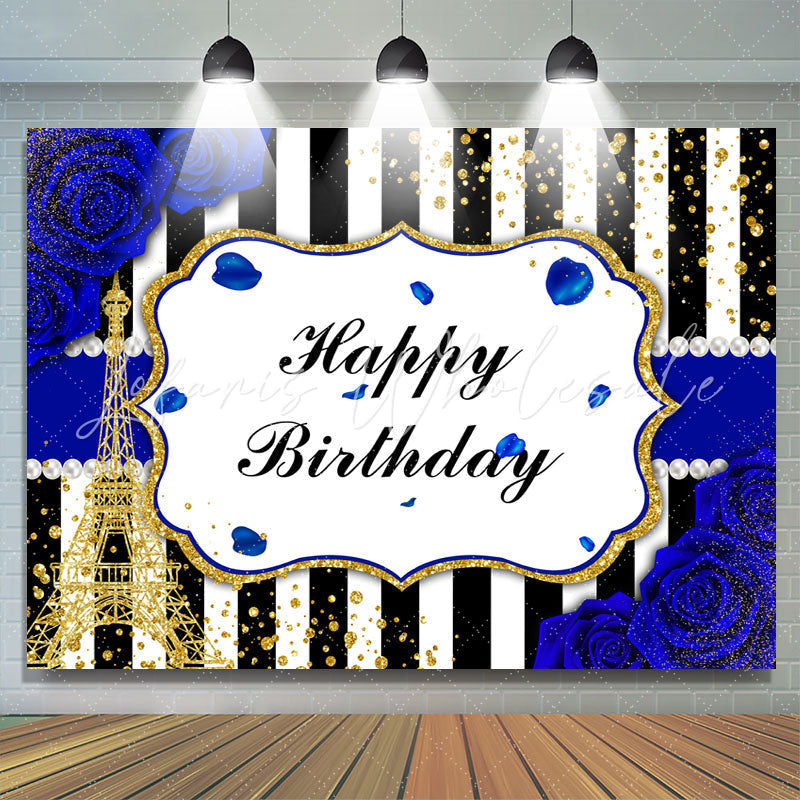 Lofaris Bule Roses Black and White Stripes Birthday Backdrop