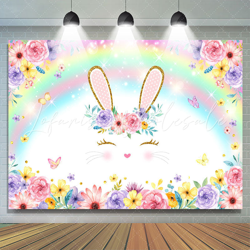 Lofaris Bunny And Colored Rainbow Floral Baby Shower Backdrop