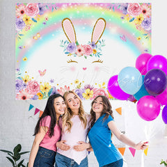 Lofaris Bunny And Colored Rainbow Floral Baby Shower Backdrop