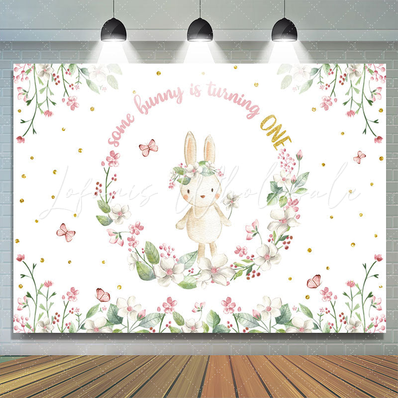 Lofaris Bunny Circle Flowers White 1st Birthday Backdrop