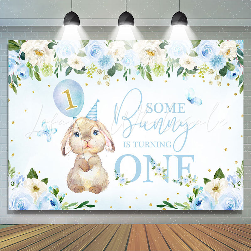 Lofaris Bunny Turning One Blue Floral 1st Birthday Backdrop