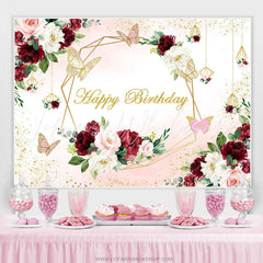 Lofaris Burgundy And Pink Flower Butterfly Birthday Backdrop