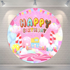 Lofaris Candy Land Pink House Circle Happy Birthday Backdrop