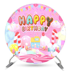 Lofaris Candy Land Pink House Circle Happy Birthday Backdrop