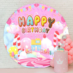 Lofaris Candy Land Pink House Circle Happy Birthday Backdrop