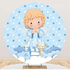 Lofaris Cartoon Angel Baby Blue Cloud Star Round Party Backdrops