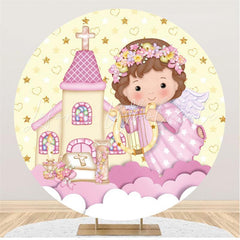 Lofaris Cartoon Angel Church Yellow Pink Round Party Backdrops