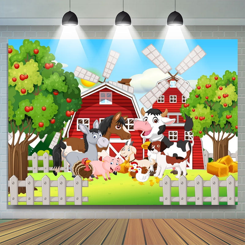 Lofaris Cartoon Barn Windmill Animals Farm Birthday Backdrop