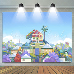 Lofaris Cartoon Blue Sky Harmonious Town Birthday Backdrop