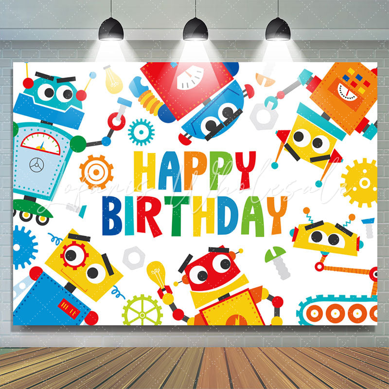 Lofaris Cartoon Colorful Robots Happy Birthday Backdrop