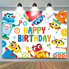 Lofaris Cartoon Colorful Robots Happy Birthday Backdrop