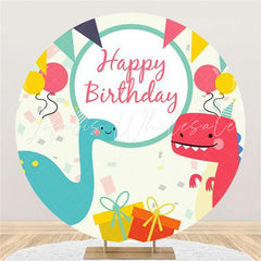 Lofaris Cartoon Dinosaur Balloon Round Happy Birthday Backdrop