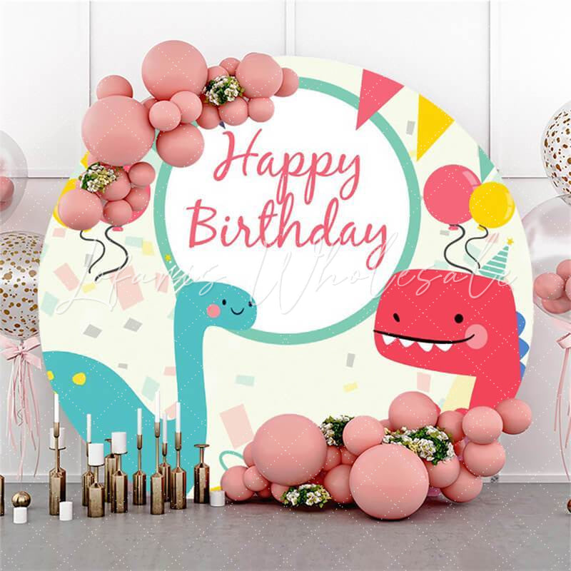 Lofaris Cartoon Dinosaur Balloon Round Happy Birthday Backdrop