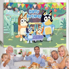 Lofaris Cartoon Dogs Green Yard Happy Birthday Backdrop