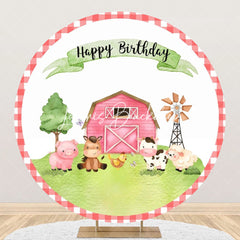 Lofaris Cartoon Farm Animals Grass Round Birthday Backdrop