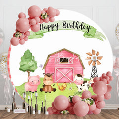 Lofaris Cartoon Farm Animals Grass Round Birthday Backdrop