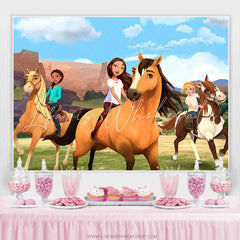 Lofaris Cartoon Girls And Horse Happy Birthday Backdrop Banner