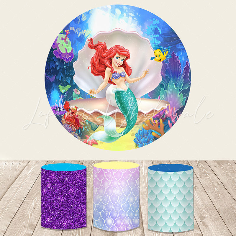 Lofaris Cartoon Glitter Sea Princess Round Girls Birthday Backdrop Kit