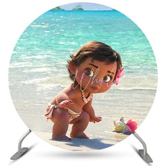 Lofaris Cartoon Little Girl Round Beach Birthday Party Backdrop