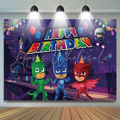 Lofaris Cartoon Mask Superhero City Happy Birthday Banner Backdrop