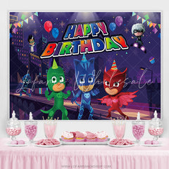 Lofaris Cartoon Mask Superhero City Happy Birthday Banner Backdrop