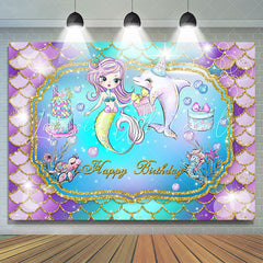 Lofaris Cartoon Mermaid Dolphin Happy Birthday Backdrop