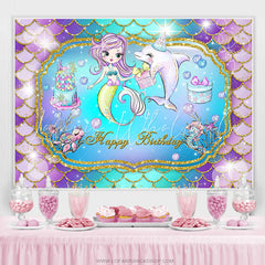 Lofaris Cartoon Mermaid Dolphin Happy Birthday Backdrop