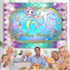 Lofaris Cartoon Mermaid Dolphin Happy Birthday Backdrop